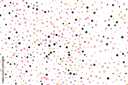 Background with Golden, black and pink glitter, confetti. Random Polka dots, circles, round. Bright festive, festival pattern