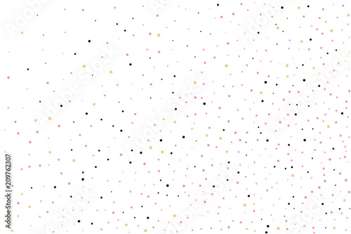 Background with Golden, black and pink glitter, confetti. Random Polka dots, circles, round. Bright festive, festival pattern