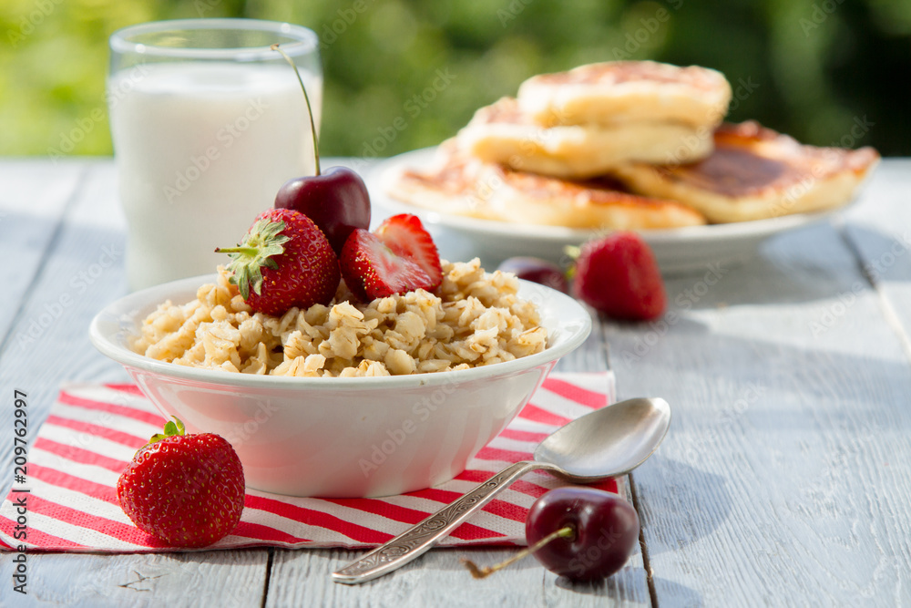 summer berry Breakfast with oatmeal in nature summer berry Breakfast with oatmeal in nature