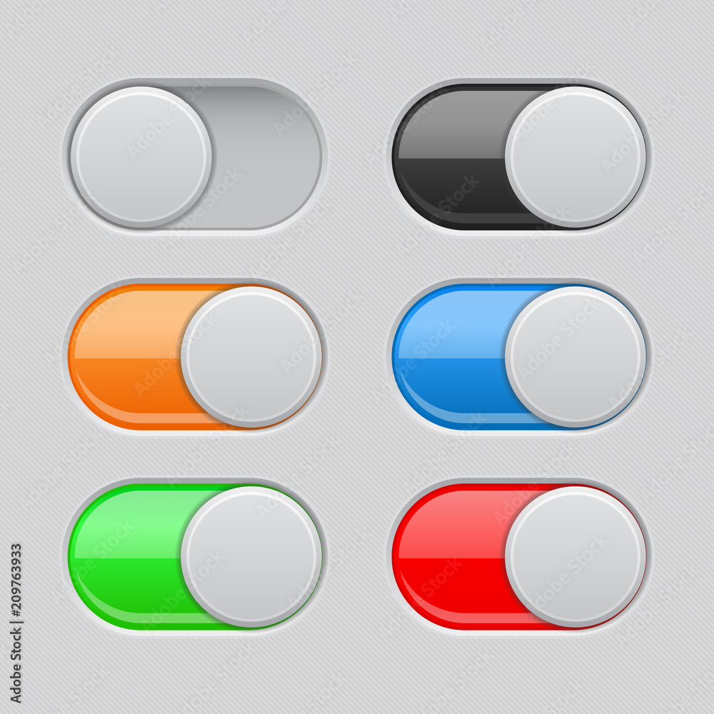 On and Off toggle switch buttons. Colored set of 3d slider icons On and Off toggle switch buttons. Colored set of 3d slider icons