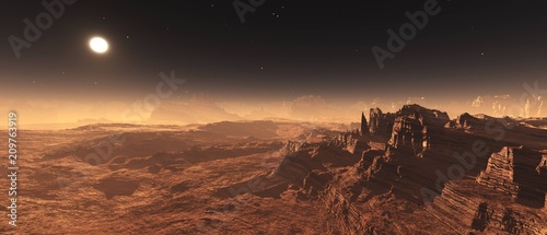 Martian landscape  Mars at sunset  Martian surface  panorama of Mars   3D rendering  