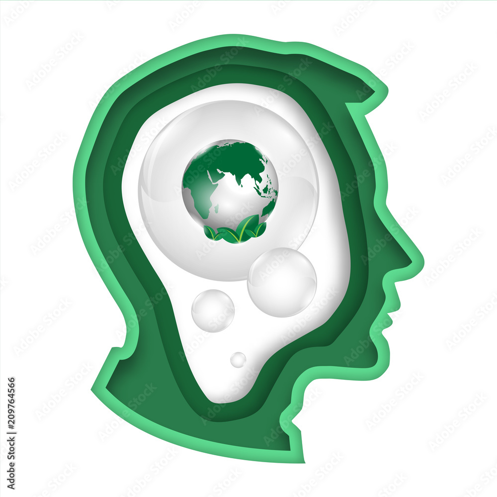 paper art style thinking green world concept artwork modern paper cut green color in head human vector paper art style thinking green world concept artwork modern paper cut green color in head human vector