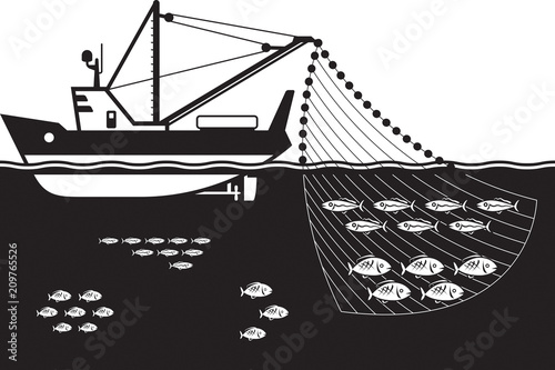 Fishing ship in the sea - vector illustration