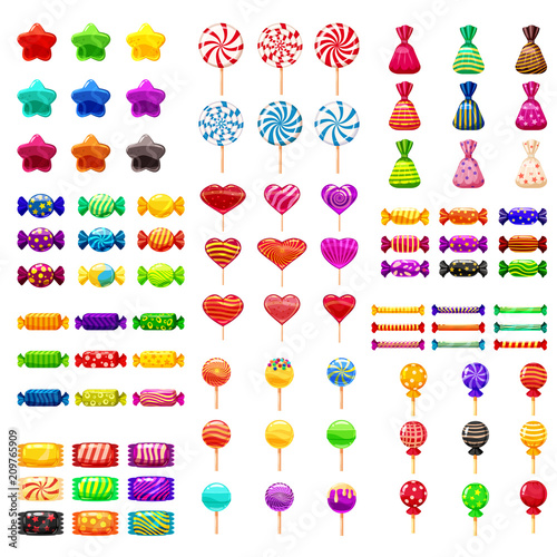 Supe set of different sweets on black background hard candies dragee jelly beans peppermint candy. Vector illustration,