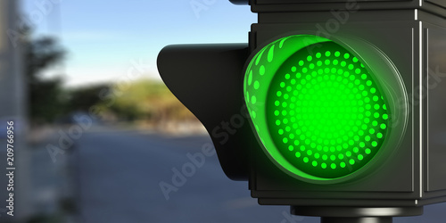 Green traffic lights on blur street background, copy space. 3d illustration