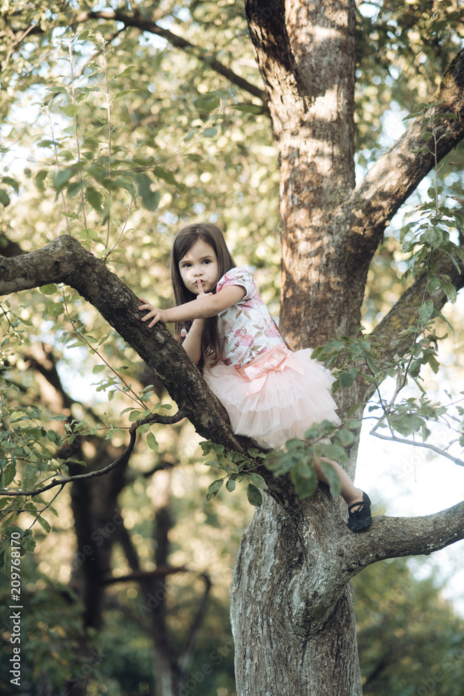 Activity, little girl climb tree in summer garden Activity, little girl climb tree in summer garden
