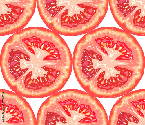 Vector seamless pattern of tomato slice on white background. Tomato cut background