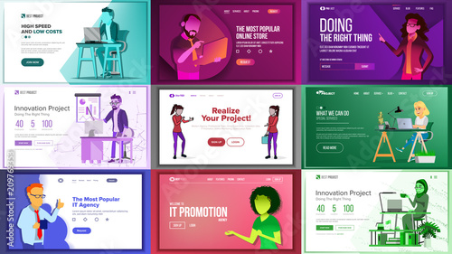 Main Web Page Set Design Vector. Website Business Concept. Landing Template. Working Team. Application Newspaper. Creative Idea. Illustration