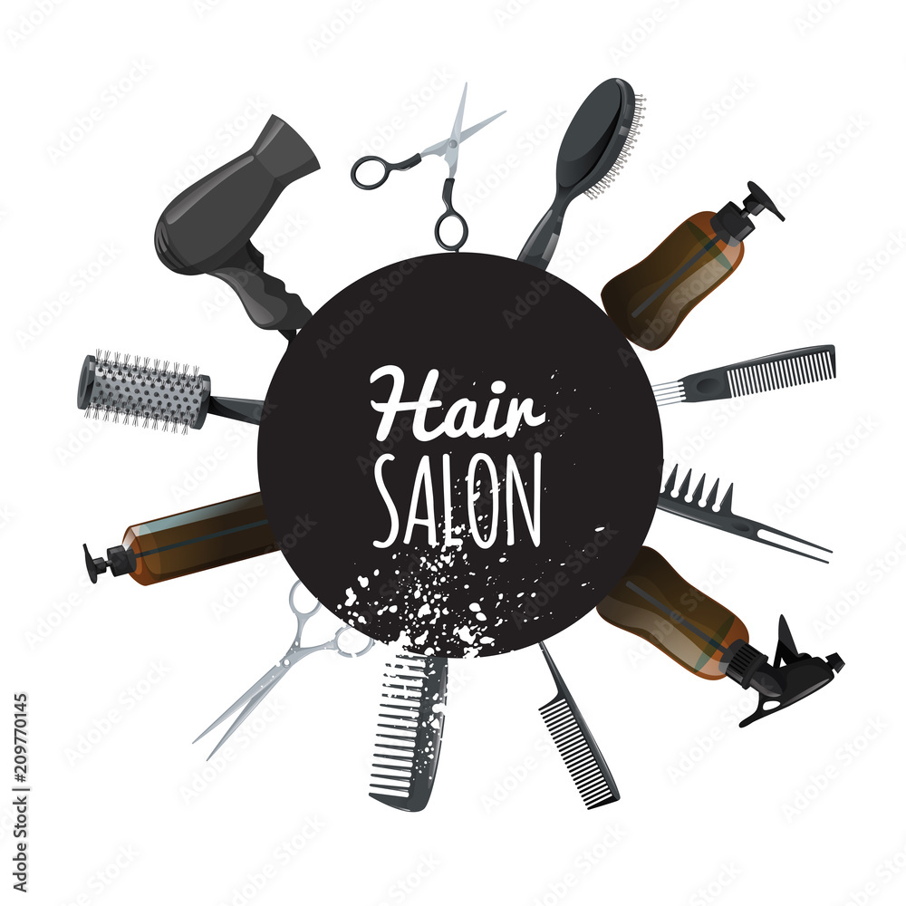 Hair and beauty salon poster with black circle and hair accessories. Professional hairdressers