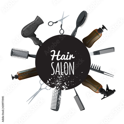 Hair and beauty salon poster with black circle and hair accessories. Professional hairdressers tools. Vector illustrations isolated on white background.