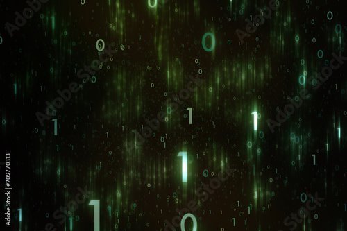 Abstract green colored scattered binary numbers illustration background.