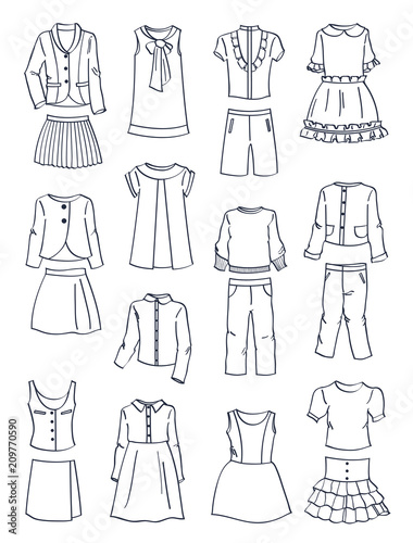 Contours of school clothes for girls, dresses, pants, blous,jackets and etc., isolated on white background