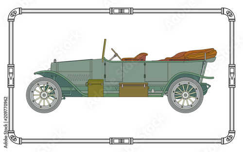 Old antique car. Vector illustration of a vintage car torpedo doppel phaeton.