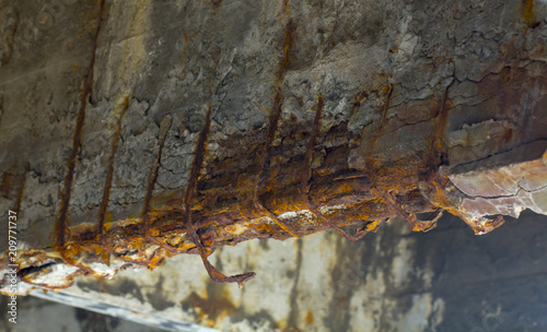 Damaged bridge support close - up transportatin concrete photo