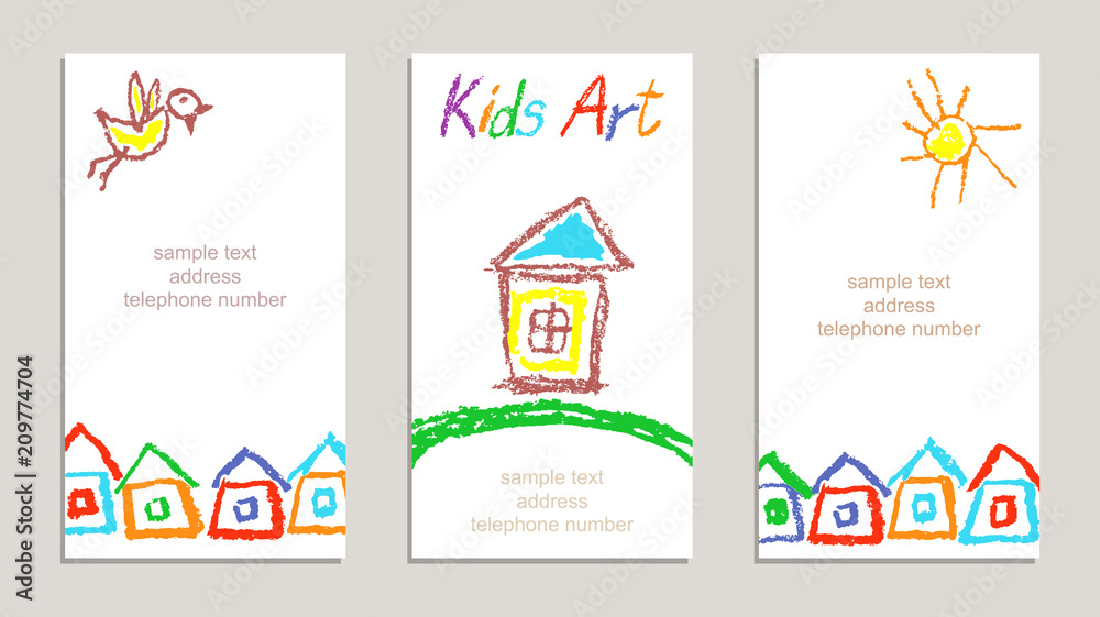 Set of wax crayon kid`s drawn colorful cards with hand drawing flowers, rainbow, sun, houses, letters on white. Hand drawn art background. Like child`s painting pastel chalk design elements, vector Set of wax crayon kid`s drawn colorful cards with hand drawing flowers, rainbow, sun, houses, letters on white. Hand drawn art background. Like child`s painting pastel chalk design elements, vector