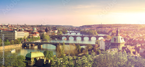 Prague Bridges During the Summer Sunset, Panoramic View