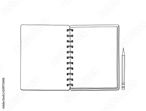 opened notebook and pencil hand drawn vector line art cute illustration