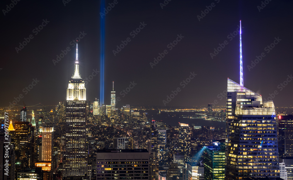 New York City skyline during 9/11 memorial weekend.