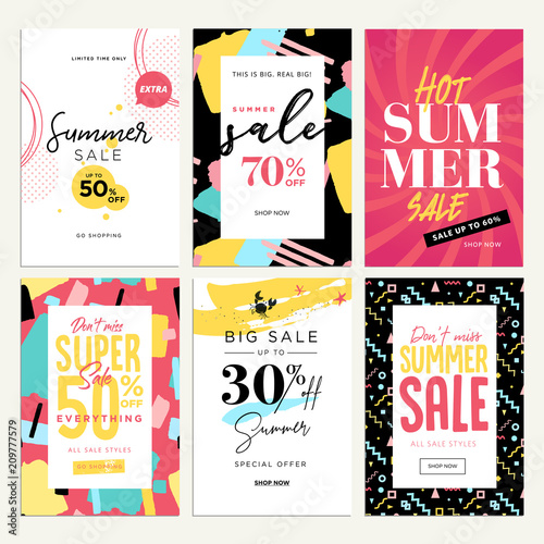 Eye catching summer sale mobile banners, ads and posters collection. Vector illustrations concept for shopping, e-commerce, internet advertising, social media ads and banners, marketing material.