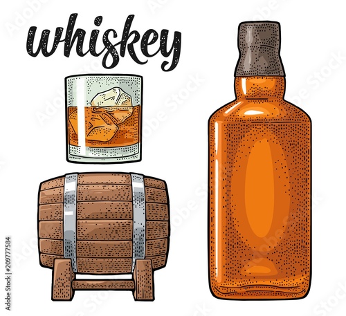 Whiskey glass with ice cubes, barrel, bottle