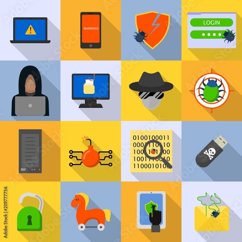 Cyber attack computer virus icons set. Flat illustration of 16 cyber attack computer virus vector icons for web