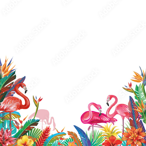 Frame from tropical flowers and Flamingoes