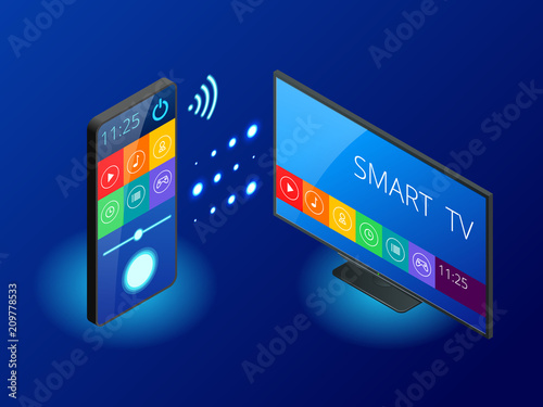 Isometric Smart TV is controlled by a smartphone, transmits information via the cloud. Smart TV interface app. Vector illustration