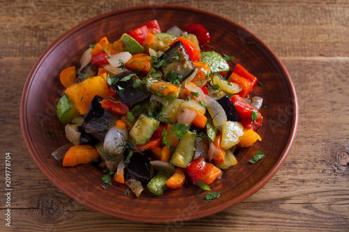 Vegetable stew: eggplant, pepper, tomato, zucchini, carrot and onion. Stewed vegetables