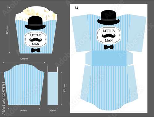 Popcorn paper box. Wrapper for sweet table. Printable template for little man's birthday(baby shower boy) party. Blue stripes pattern. Print and cut. Fast folded. Mustache bash. Favor vector gift. 