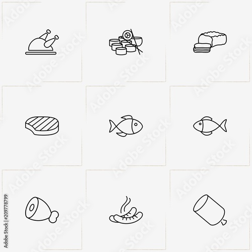 Meat And Seafood line icon set with chicken leg , fish and beef