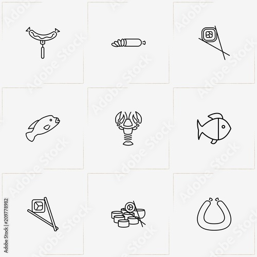 Meat And Seafood line icon set with sushi , fish and lobster