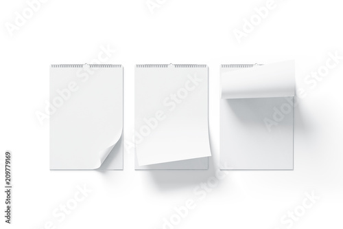 Fototapeta Naklejka Na Ścianę i Meble -  Blank white calendar mock up front view, curved corners set, isolated, 3d rendering. Empty almanac a3 mockup with metal spirals. Clear wall mounted menology template. Portrait vertical calender