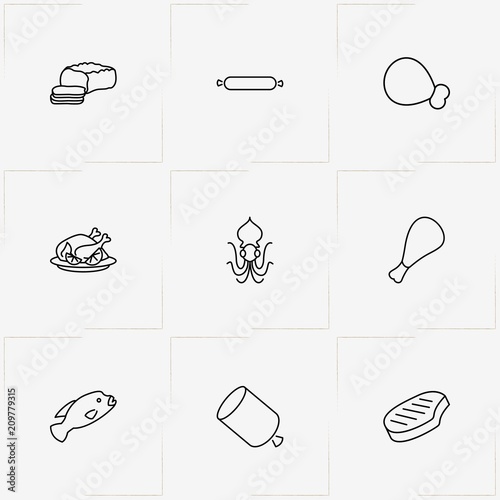 Meat And Seafood line icon set with lard, fish and turkey