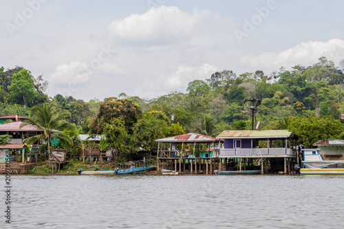 Riverside houses in Ell Castillo village at San Juan river, Nicaragua