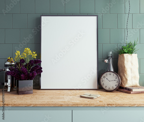 Mock up poster frame in kitchen interior background close-up, 3d render