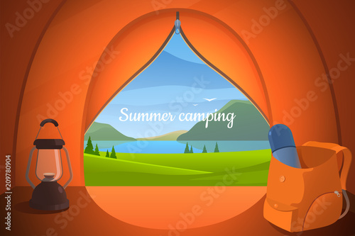 View from the tourist tent vector illustration. Camping in nature. Mountain and lake view. Backpack with thermos and lamp. Tourism background for your design. Eps 10