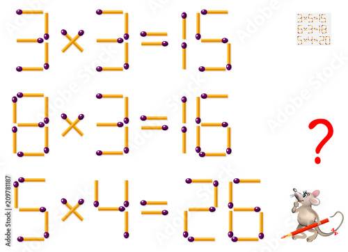 Logic puzzle game. Tasks on multiplication. In each exercise move one matchstick to make the equations balance. Vector image.