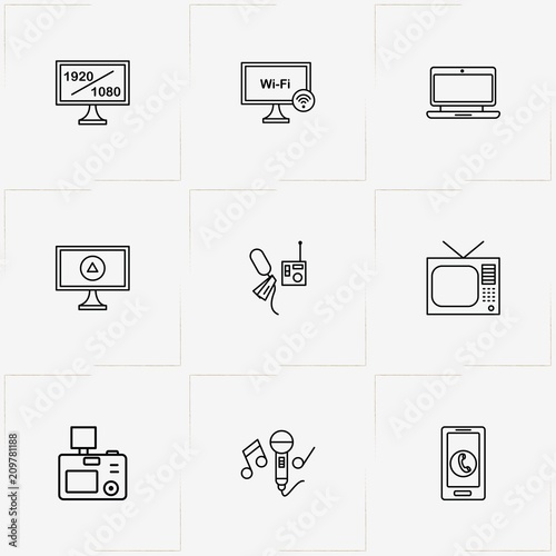 Media line icon set with smart phone, television and microphone