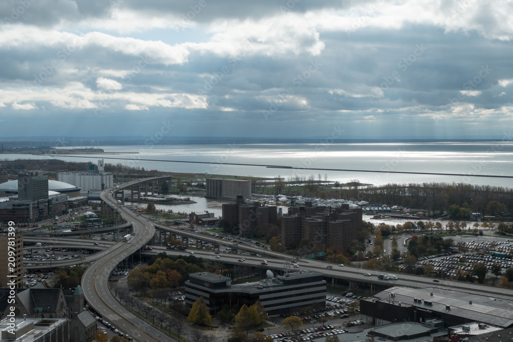 View of the highway and Erie Basin waterfront in Buffalo New York. View of piers and boats from a high vantage point of Buffalo waterfront in upstate New York right before the rain comes.