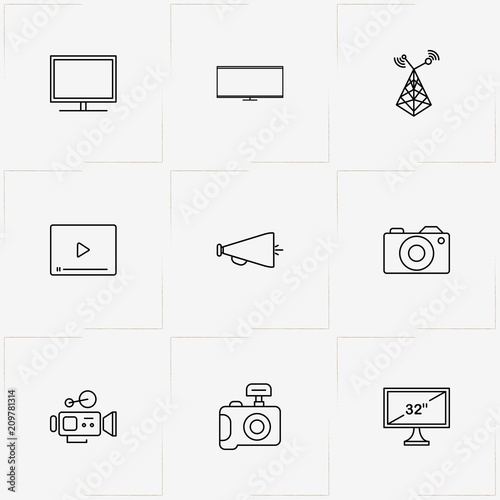 Media line icon set with loudspeaker, photo camera and television