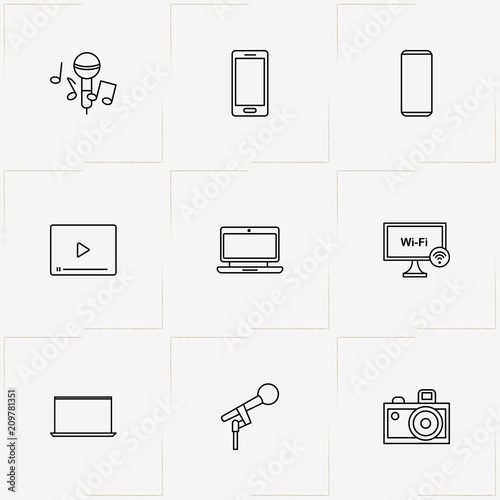 Media line icon set with photo camera, television and video play