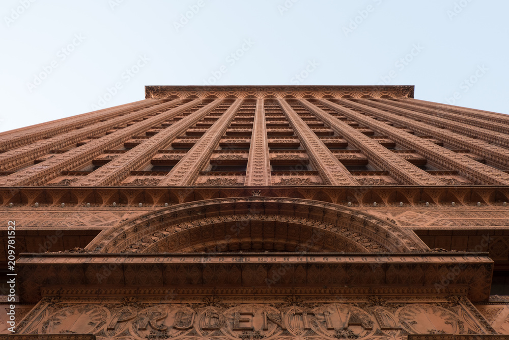 Looking up at the Guaranty Building (Prudential Building) designed by Louis Sullivan in 1896 following Form Follows Function design theory. Clad in terra cotta bricks in Buffalo New York.