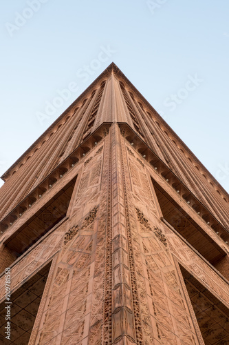 Looking up at the Guaranty Building (Prudential Building) designed by Louis Sullivan in 1896. Clad in terracotta in Buffalo New York. Corner of building, looking up at building.