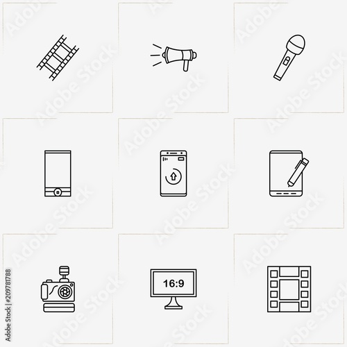 Media line icon set with camera film , loudspeaker and television