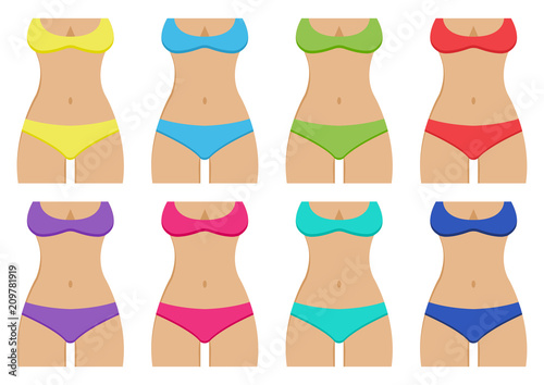 Set of sunburnt female silhouettes with colorful swimsuits. Vector illustration