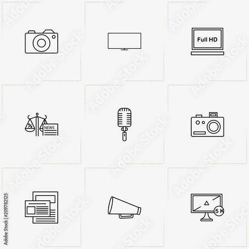 Media line icon set with microphone, criminal news and television