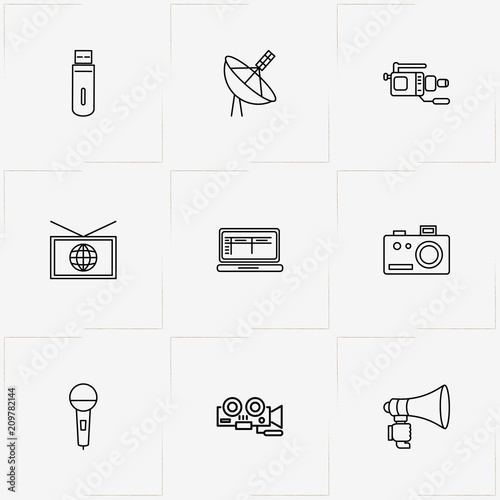 Media line icon set with microphone, television and video camera