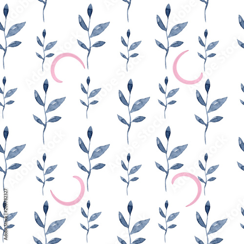 Seamless floral pattern. Blue twigs, leaves, foliage and pink circles on a white background watercolor ink