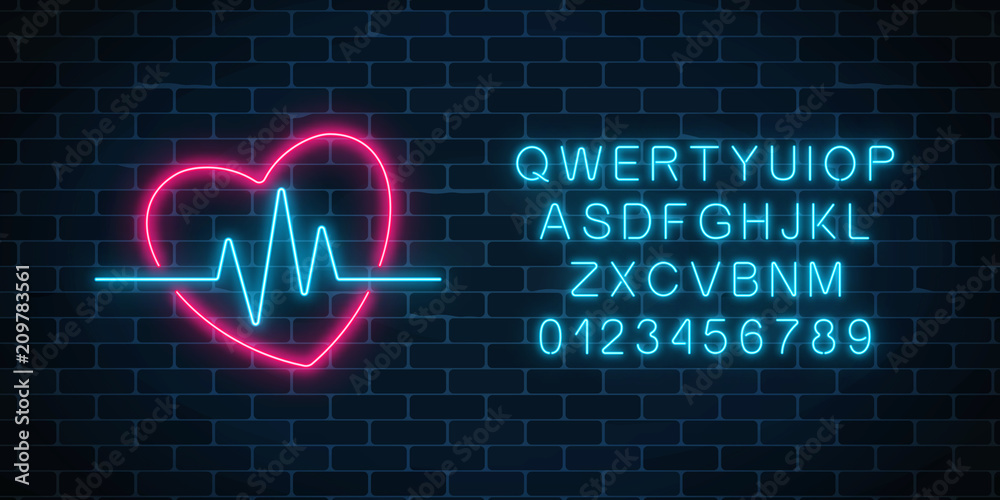 Glowing neon medicine concept sign with cardiogram graph in heart shape and alphabet. Drugstore advertising signboard.