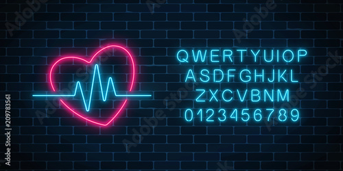 Glowing neon medicine concept sign with cardiogram graph in heart shape and alphabet. Drugstore advertising signboard.